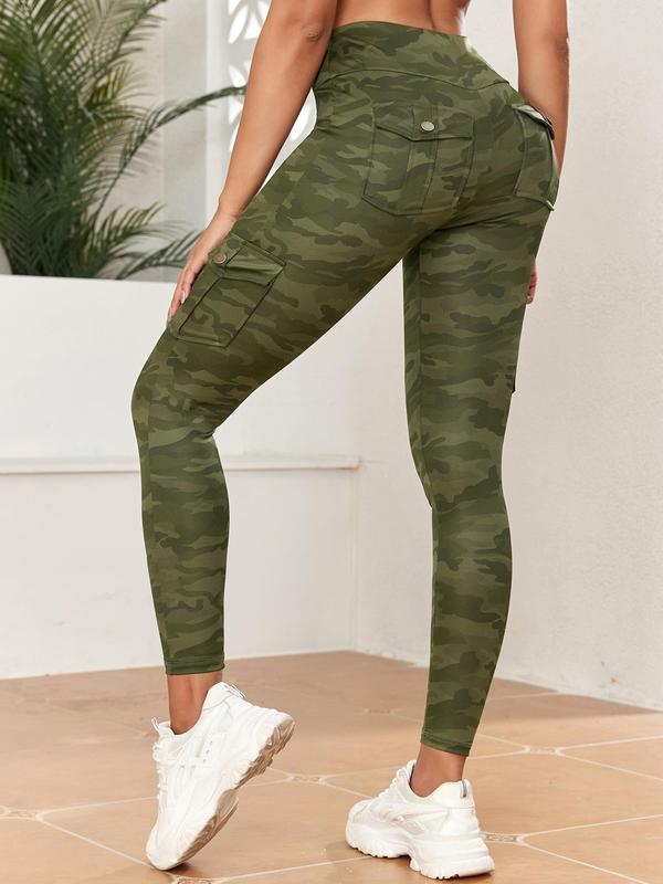 Women's Camo Print Flap Pocket Leggings, Comfort Women Clothing, Casual High Waist Skinny Pants, Leggings for Women, Ladies Bottoms for All Seasons