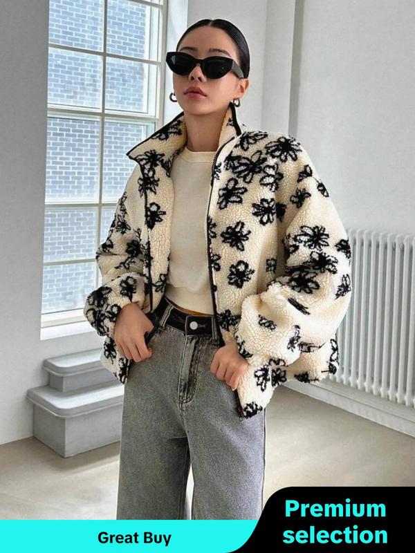 Women's Floral Print Drop Shoulder Fuzzy Jacket, Fashion Tops, Casual Long Sleeve Zip Up Outerwear for Daily Outdoor Wear, Women Clothing for Fall & Winter