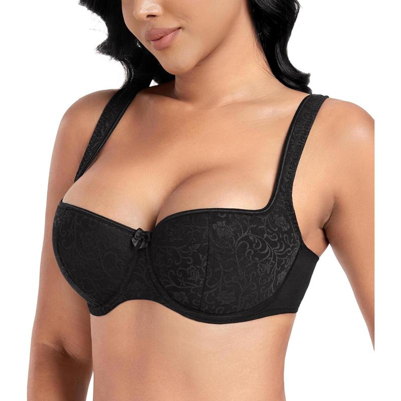 Women's Plus Size Wide Straps Lace Demi Underwire Lightly Padded Balconette Bra Womenswear Underwear