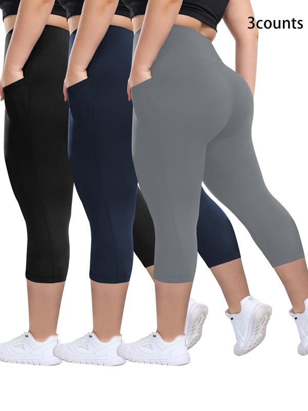  Plain Pocket High Waist Capris Leggings, Casual Comfy Breathable Skinny Capri Pants for Daily Wear, Leggings for Women, Women's Plus Bottoms for Summer