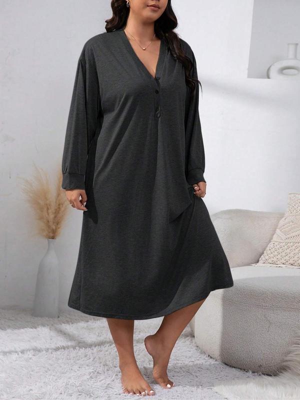  Solid Button Front Drop Shoulder Nightdress, Casual Long Sleeve V Neck Nightgown for Women, Women's Sleepwear for Spring & Fall