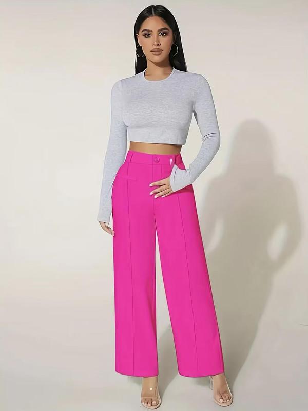 Women's Plain High Waist Wide Leg Pants, Elegant Comfort Button Decor Straight Leg Trousers For Work Office Business, Pants for Women, Summer Outfits 2024