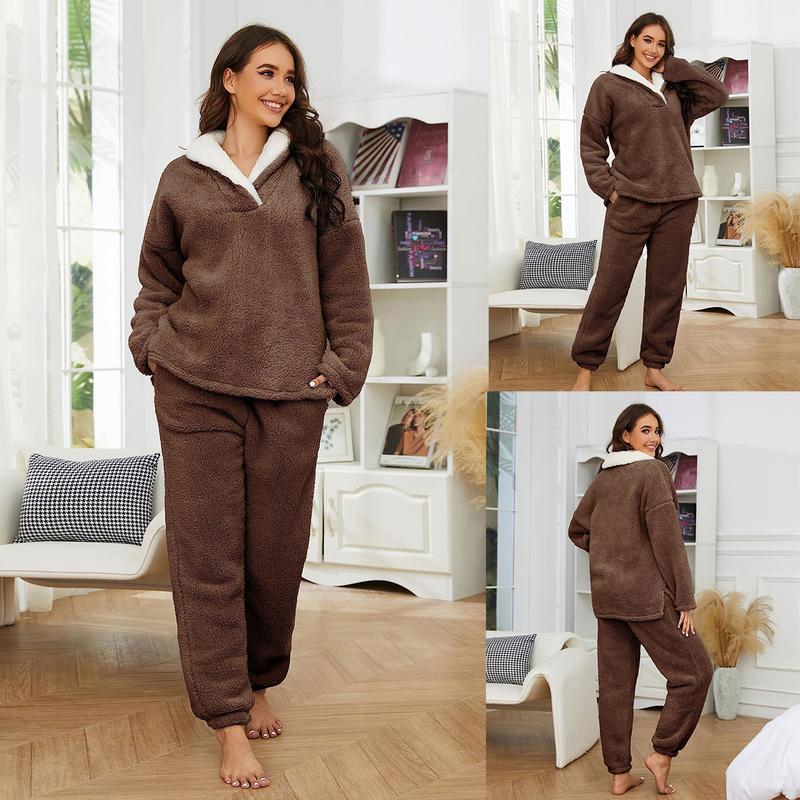 UANEO Womens Winter Fluffy Pajamas Set Warm Fleece Pants Pullover Plush Sleepwear