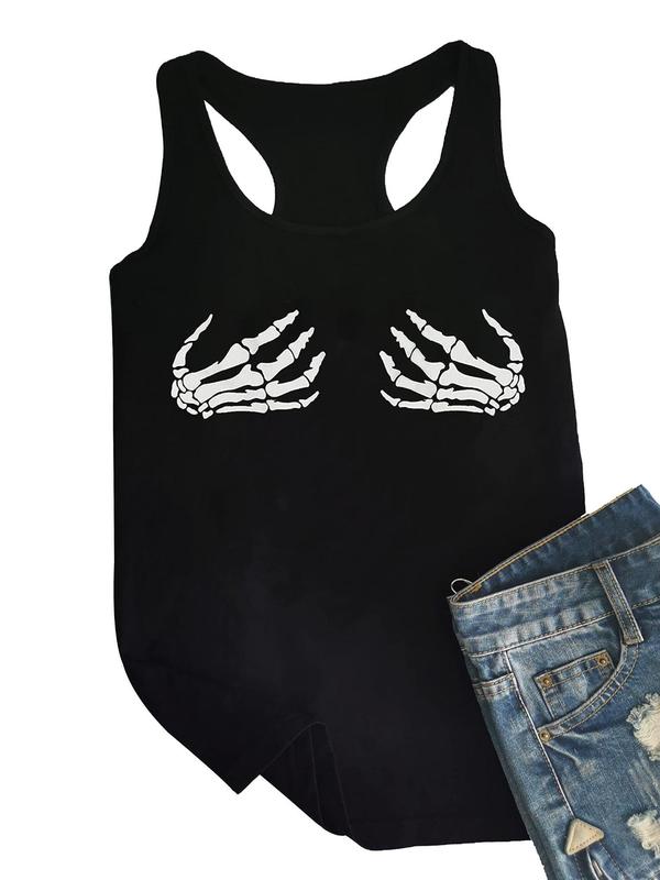 Women's Skeleton Hand Print Scoop Neck Tank Top, Fashion Casual Sleeveless Top for Daily Outdoor Wear, Ladies Clothes for All Seasons