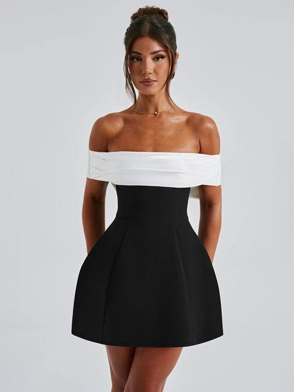 Women's Colorblock Off Shoulder A Line Dress, Elegant Fashion Casual Backless Short Dress for Party Club Dating Wear, Women Dress for Fall & Winter