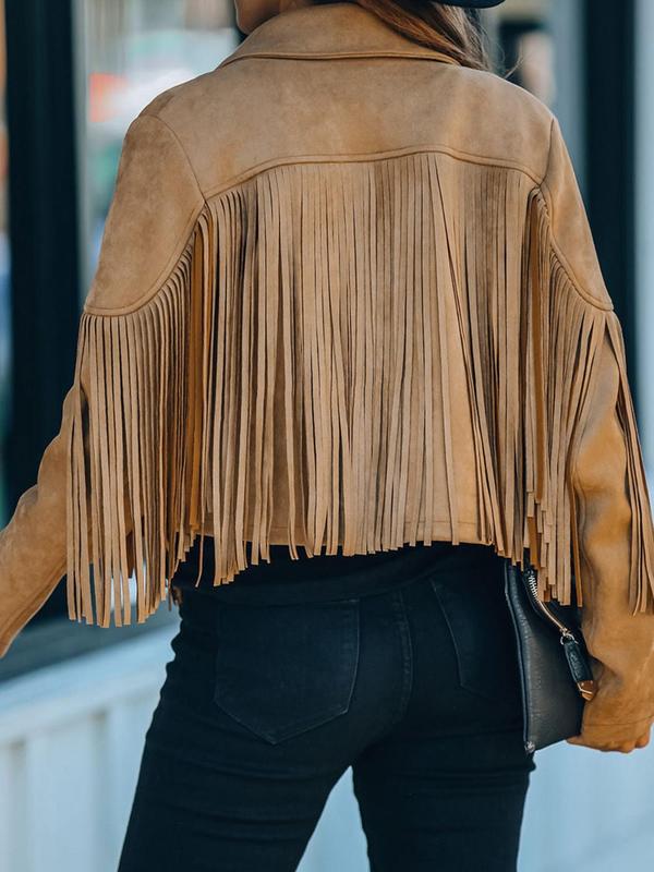 Women's Fringe Trim Lapel Collar Jacket, Casual Long Sleeve Open Front Outerwear for Spring & Fall, Ladies Clothes for Daily Wear, Winter Outfits 2024