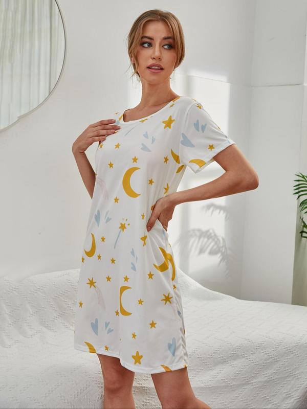 Women's Sheep & Galaxy Print Nightdress, Casual Comfortable Round Neck Short Sleeve Nightgown, Ladies Sleepwear for All Seasons