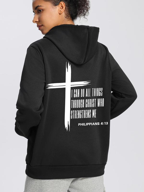 Women's Cross & Letter Print Thermal Lined Hoodie, Casual Long Sleeve Hooded Sweatshirt for Fall & Winter, Women's Clothes for Daily Wear