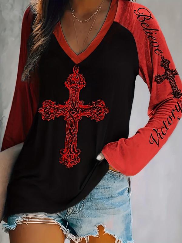  Colorblock & Cross Print Raglan Sleeve Tee, Casual Long Sleeve V Neck T-shirt for Fall & Winter, Women's Clothing for Daily Wear