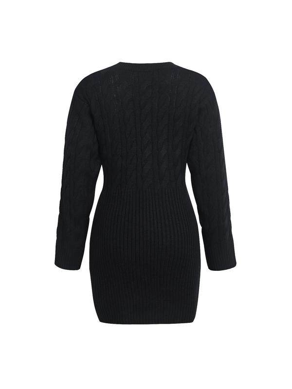 Women's Plain Button Front V Neck Sweater Dress, Casual Cable Knit Long Sleeve Knitwear for Fall & Winter, Dresses for Women, Ladies Clothes for Daily Wear Casual Wear