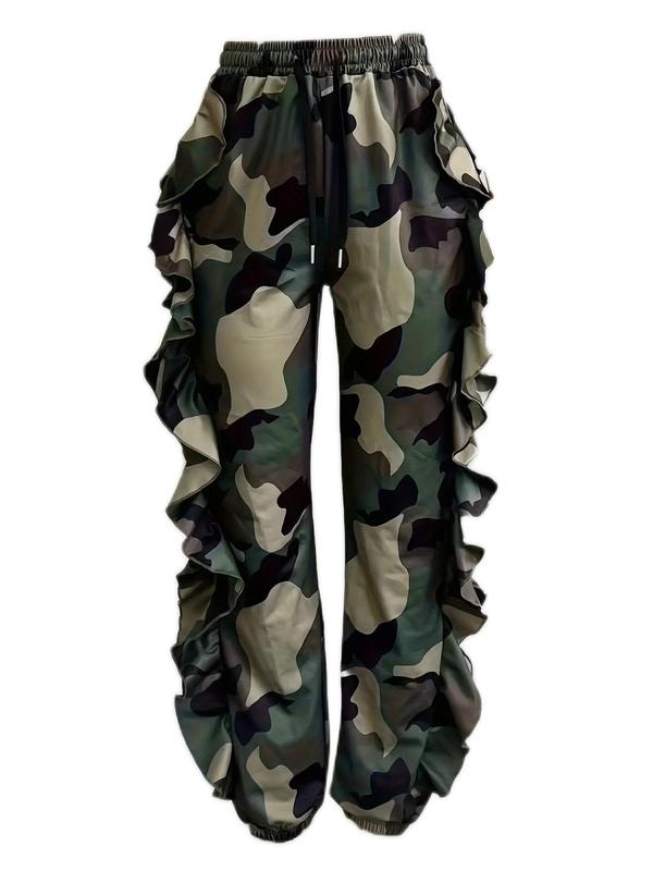 Women's Camo Print Ruffle Trim Drawstring Waist Pants, Fitted Streetwear Clothes, Pants for Women, Summer Outfits, Breathable Comfy High Waist Trousers, Womenswear Clothes