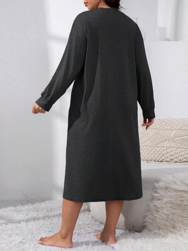  Solid Button Front Drop Shoulder Nightdress, Casual Long Sleeve V Neck Nightgown for Women, Women's Sleepwear for Spring & Fall