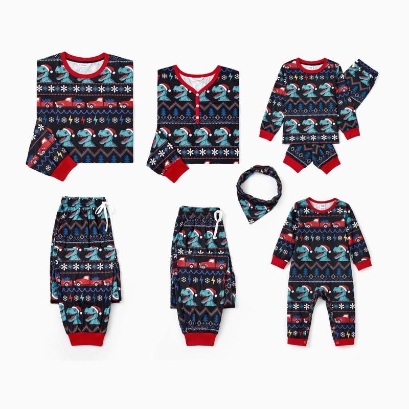 PatPat Christmas Family Matching Allover Dinosaur Pattern Pajama Sets with Pockets and Drawstring ( Flame Resistant )