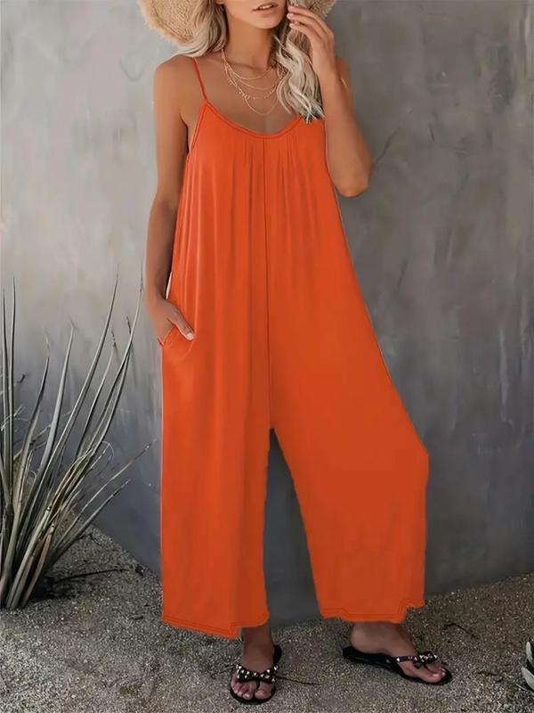 Women's Solid Color Pocket Adjustable Strap Wide Leg Jumpsuit, Casual Sleeveless V Neck Jumpsuit for Summer, Ladies Clothes for Daily Wear