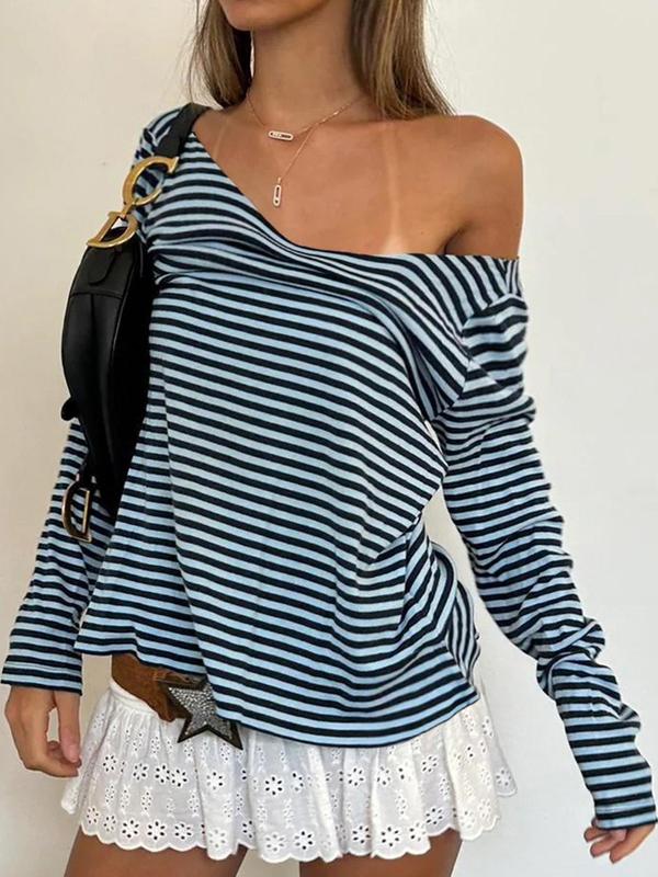 Women's Striped Print V Neck Tee, Fall Clothes, Casual Long Sleeve T-shirt for Fall, Women's Clothing for Daily Wear, Black Girl Outfits