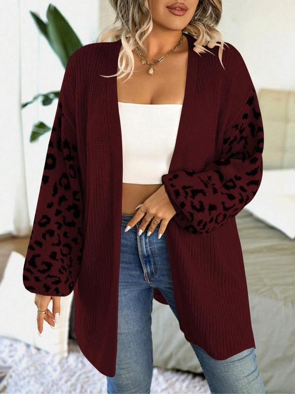  Leopard Print Drop Shoulder Split Hem Cardigan, Casual Long Sleeve Open Front Knitwear for Spring & Fall, Gift Set for Women, Cardigan for Women, Women's Plus Clothing for Daily Wear for Christmas