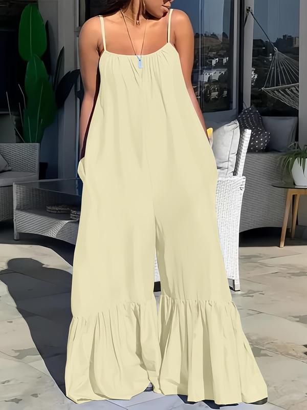 Women's Plain Ruffle Hem Cami Jumpsuit, Casual Adjustable Strap Wide Leg Jumpsuit for Summer, Women's Jumpsuit for Beach Holiday