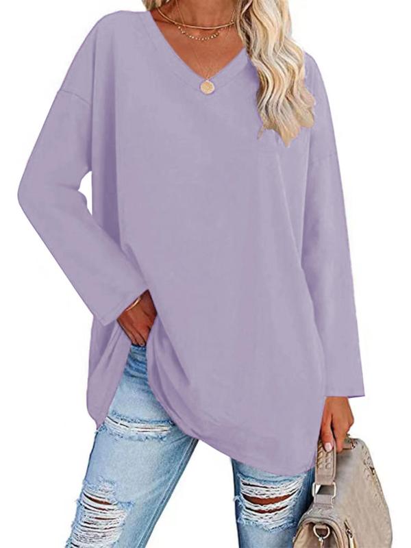 Plus Size Solid Drop Shoulder V Neck Tee, Casual Long Sleeve T Shirts for Women for Daily Wear, Women Plus Clothing for All Seasons, Fall Outfits, Fallfreshness Y2K, Fall clothes 2024