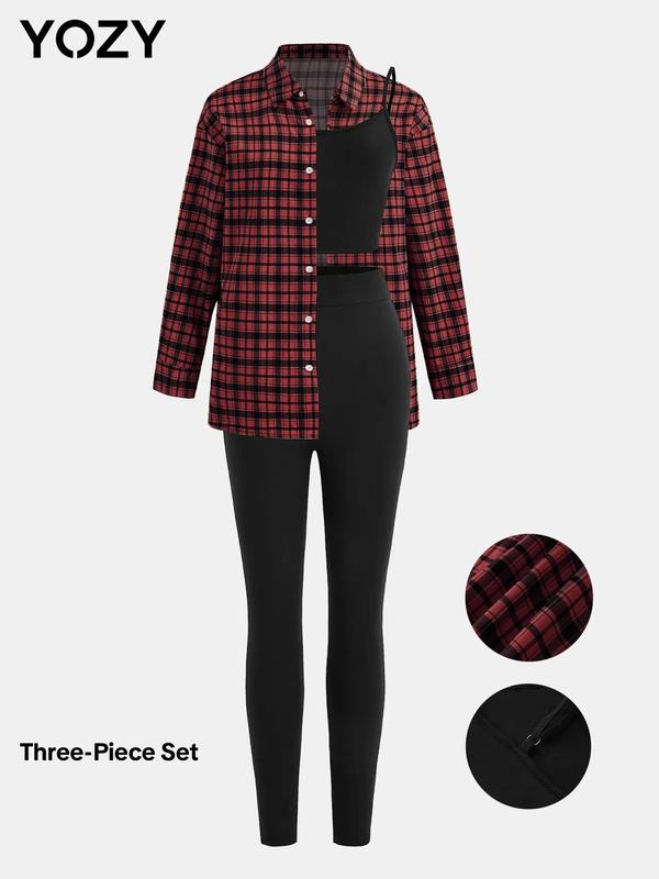 YOZY Three-Piece Set Women's Plaid Print Button Front Shirt & Cami Top & Leggings Set, Casual Drop Shoulder Long Sleeve Top & Adjustable Strap Camisole & Skinny Pants for Daily Wear, Ladies Three-Piece Outfits for All Seasons