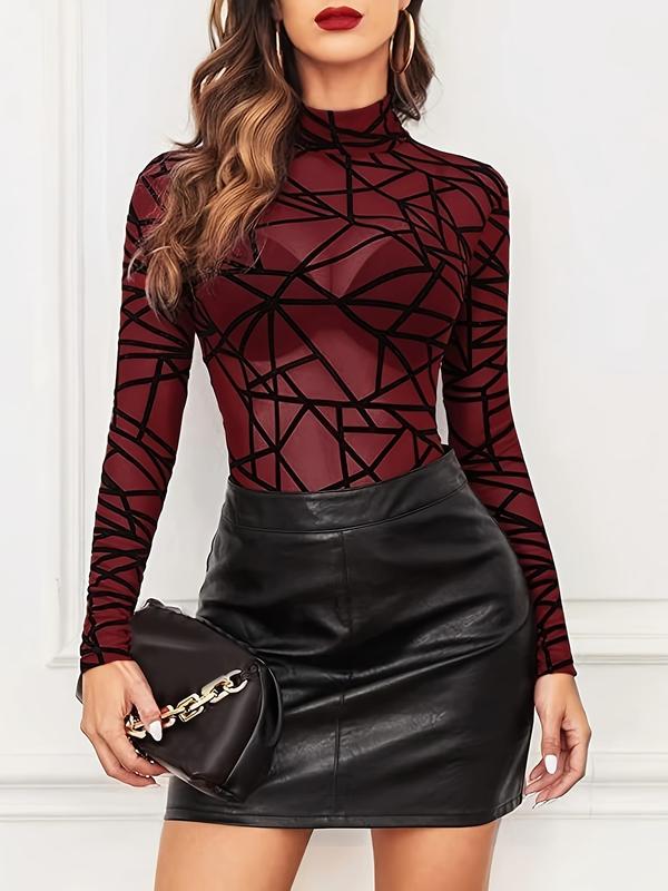 Sheer Geometric Pattern Bodysuit For Halloween, Sexy High Neck Long Sleeve Bodysuit, Women's Sexy Clothing