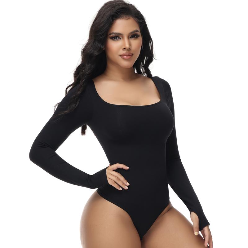 Sooslick Square Neck Long Sleeve Bodysuit Seamless 360° Waist Control Thong Bodysuit Tops skims shape wear Womenswear Underwear Lady Comfort Basic Longsleeves Minimalist