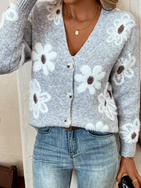 Plus Size Floral Print Button Front Cardigan, Casual Drop Shoulder V Neck Knitwear for Fall & Winter, Cardigans for Women, Women's Plus Clothing for Daily Wear