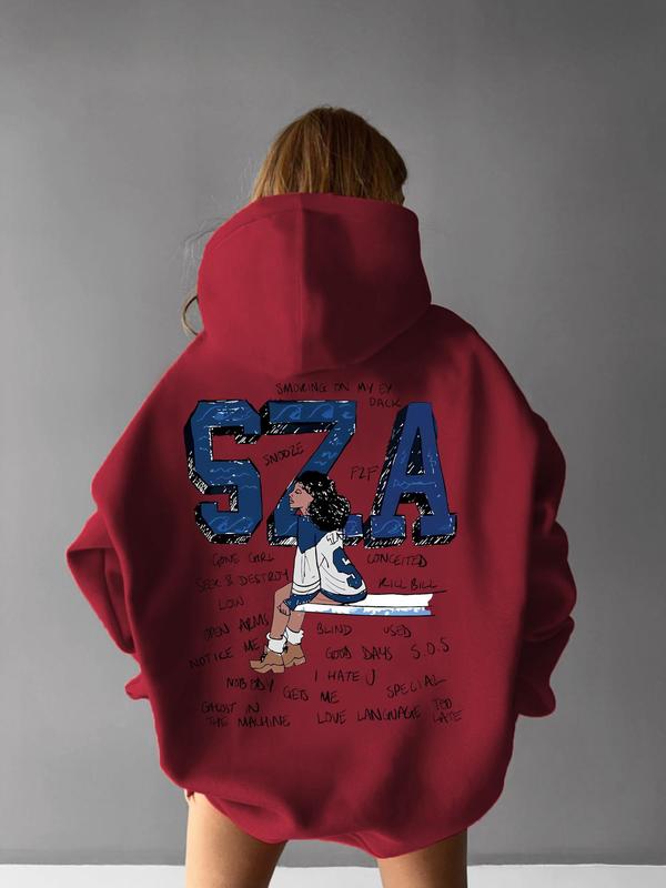 Women's Cartoon Sza & Letter Print Drawstring Pocket Hoodie, Fashion Casual Hooded Sweatshirt for Daily Holiday Outdoor Wear, Women Clothing for Fall & Winter