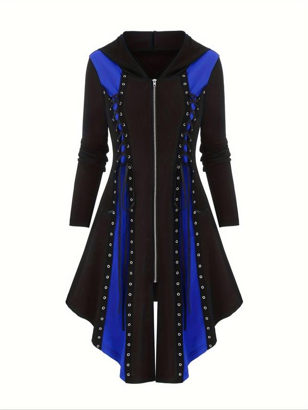 Women's Colorblock Lace Up Grommet Eyelet Zipper Hooded Dress, Punk Fashion Long Sleeve A Line Dress for Daily Outdoor Wear,  Women's Clothing, Dresses for Women, Ladies Clothes for Spring & Fall