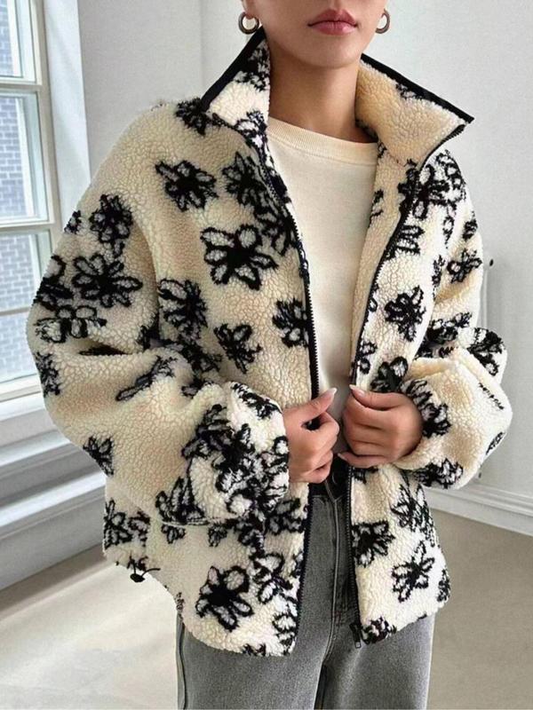 Women's Floral Print Drop Shoulder Fuzzy Jacket, Fashion Tops, Casual Long Sleeve Zip Up Outerwear for Daily Outdoor Wear, Women Clothing for Fall & Winter