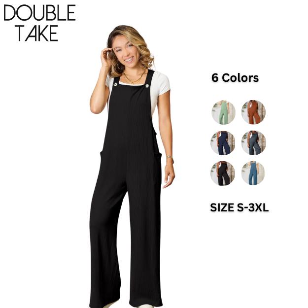 Double Take Full Size Wide Strap Overall with Pockets Basic Spandex