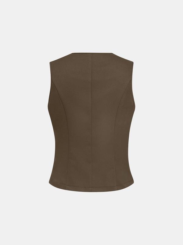 YOZY Women's Solid Button Front Waistcoat, Casual Sleeveless Round Neck Vest Outerwear for Daily Wear, Ladies Clothes for All Seasons