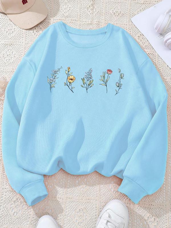 Women's Floral Embroidery Crew Neck Sweatshirt, Casual Long Sleeve Pullover for Fall & Winter, Women's Clothes for Daily Wear