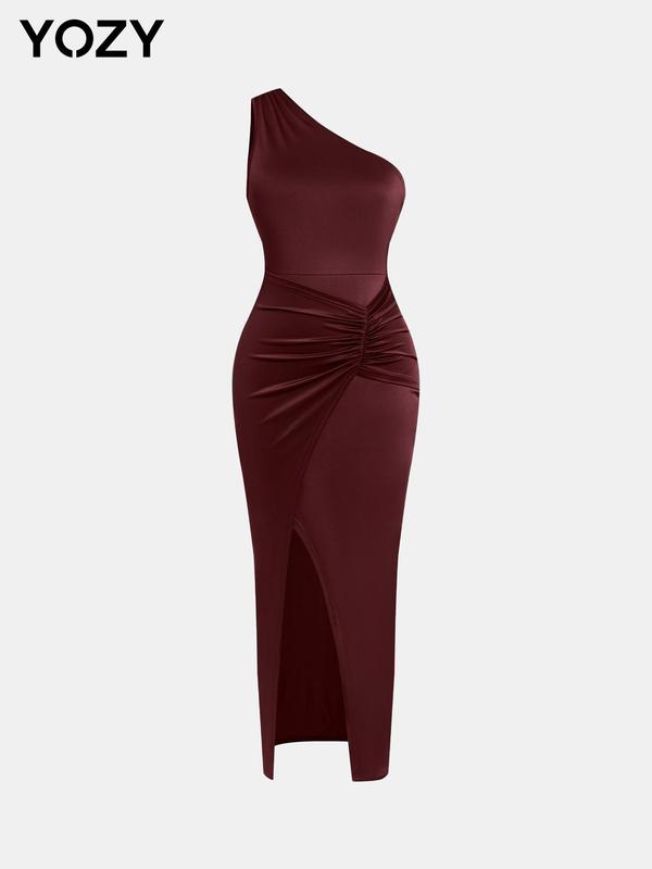 YOZY Christmas Deals, Women's Plain Ruched Split Thigh One Shoulder Bodycon Dress, Elegant Sleeveless Long Dress for Party Club Dating Wear, Ladies Clothes for All Seasons, Christmas 2024 Trend, Fall & Winter Clothes