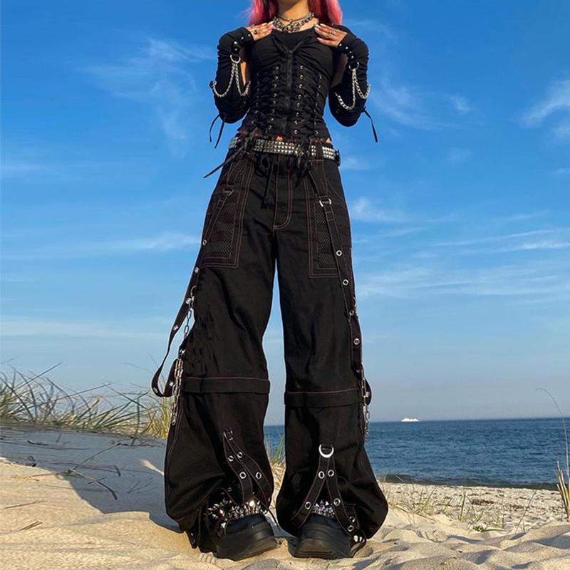 Women Y2k Pants Goth Punk Emo Pants Baggy Bell Bottom Jeans Y2k Wide Leg Jeans Harajuku Grunge Pants Hip Hop Clothes