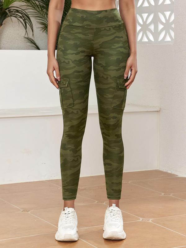 Women's Camo Print Flap Pocket Leggings, Comfort Women Clothing, Casual High Waist Skinny Pants, Leggings for Women, Ladies Bottoms for All Seasons