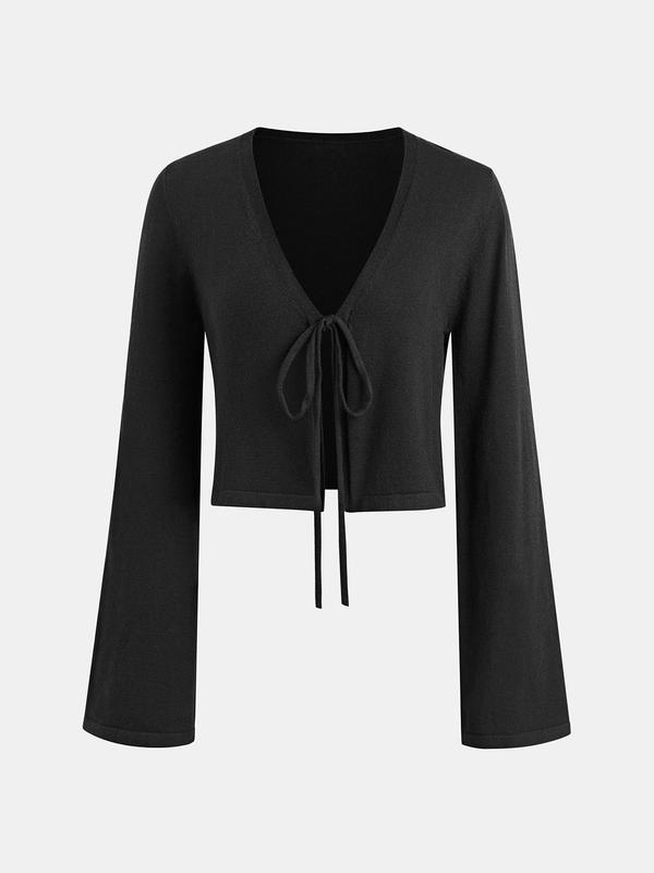 YOZY Plain Tie Front Flounce Sleeve Crop Cardigan, Casual V Neck Long Sleeve Knitwear, 2024 Women's Fall & Winter Outfits for Daily Wear