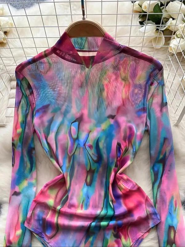 Women's Tie Dye Print Long Sleeve Bodysuit, Casual High Neck Bodysuit, Ladies Clothes for Spring & Fall