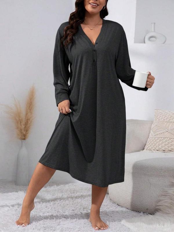  Solid Button Front Drop Shoulder Nightdress, Casual Long Sleeve V Neck Nightgown for Women, Women's Sleepwear for Spring & Fall