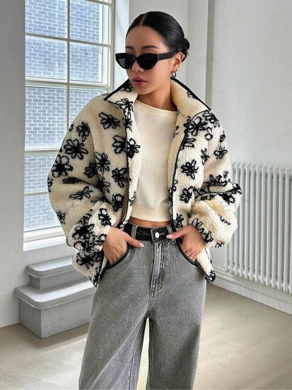 Women's Floral Print Drop Shoulder Fuzzy Jacket, Fashion Tops, Casual Long Sleeve Zip Up Outerwear for Daily Outdoor Wear, Women Clothing for Fall & Winter