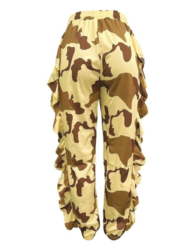 Women's Camo Print Ruffle Trim Drawstring Waist Pants, Fitted Streetwear Clothes, Pants for Women, Summer Outfits, Breathable Comfy High Waist Trousers, Womenswear Clothes