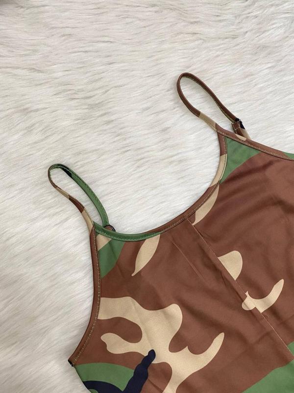 Women's Camo Print Backless Cami Bodycon Jumpsuit, Adjustable Strap Sleeveless Jumpsuit for Summer, Fashion Women's Clothing for Daily Wear