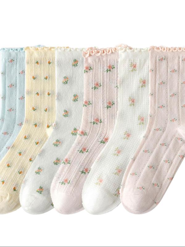 Women's Ditsy Floral Print Lettuce Trim Crew Socks, Chic Casual Comfy Breathable Socks for Daily Wear, Ladies Socks for All Seasons