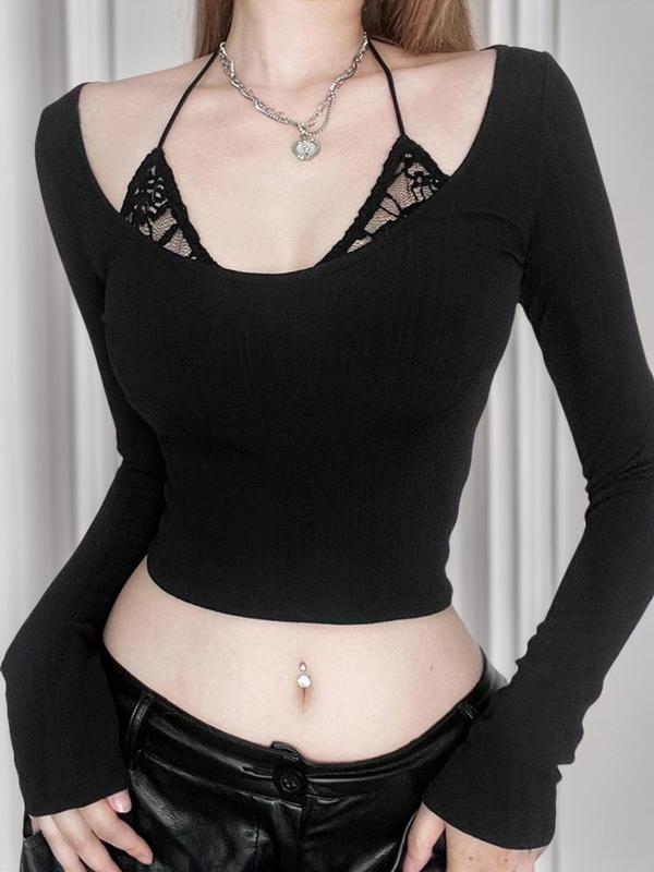 Women's 2-in-1 Contrast Lace Crop Tee, Casual Tie Back Halter T-shirt, Y2k Top for Lady, Comfort Basic T Shirts for Women,  T Shirts for Women, Femboy Sissy Goth Outfit, Lady Top for Daily Wear, Womenswear, Fall Outfits, Fallfreshness Clothes