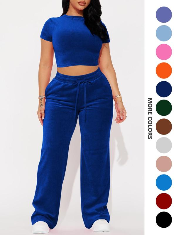 Two-piece Set Women's Solid Crop Tee & Drawstring Waist Pants Velvet Set, Casual Short Sleeve Round Neck T-shirt & Elastic Waist Trousers, Ladies Summer Clothes