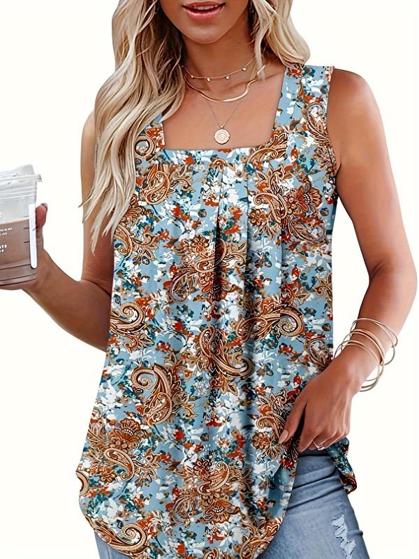 Plus Size Floral & Chevron Print Plicated Tank Top, Casual Square Neck Sleeveless Top for Summer, Women's Plus Clothing for Daily Wear