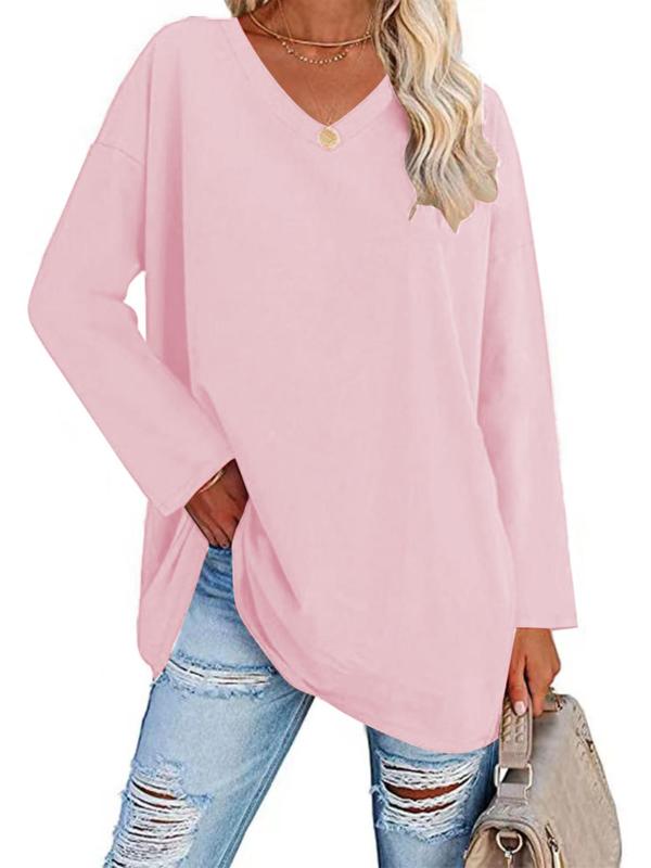 Plus Size Solid Drop Shoulder V Neck Tee, Casual Long Sleeve T Shirts for Women for Daily Wear, Women Plus Clothing for All Seasons, Fall Outfits, Fallfreshness Y2K, Fall clothes 2024