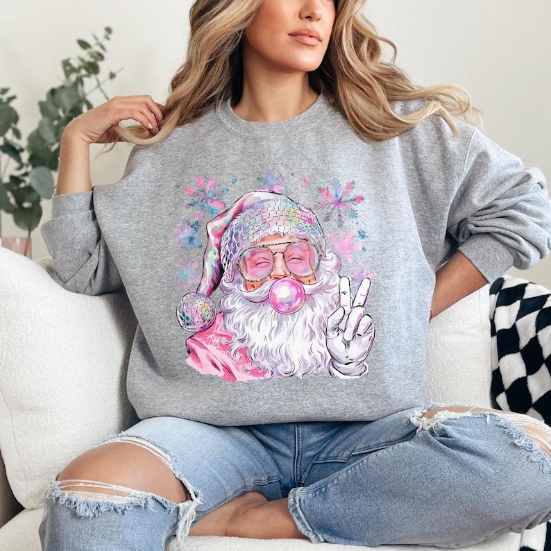 Retro Santa Sweatshirt, Pink Christmas Sweater, Women's Holiday Crewneck, Xmas Gifted for Her, Trendy Festive Sweatshirt, Bubblegum Santa