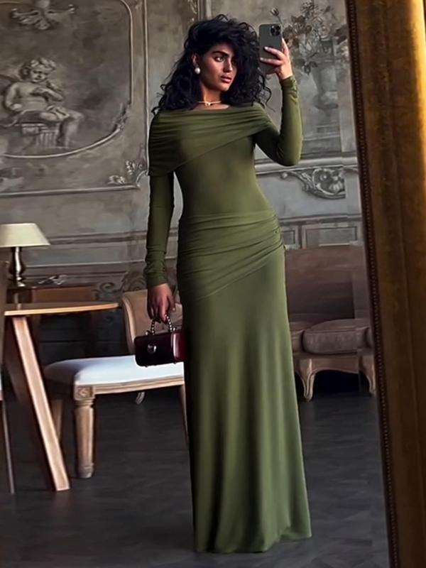 Women's Plain Ruched Bodycon Dress, Elegant Long Sleeve Round Neck Maxi Dress for Party Club Dating Wear, Women's Clothing for Spring & Fall