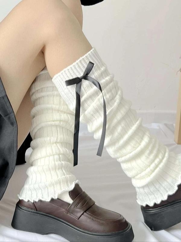 Women's 1 Pair Bow Decor Leg Warmers, Lettuce Trim Leg Warmers, Cute Cozy Warm Socks for Fall & Winter