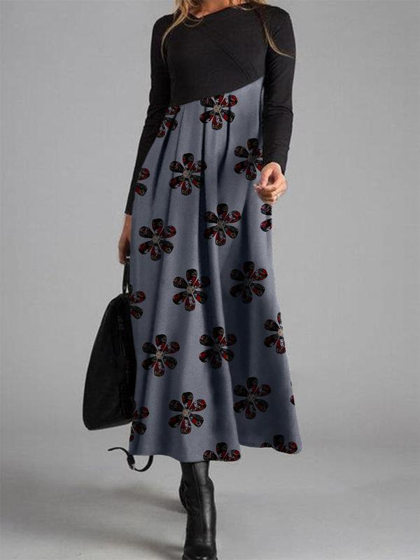 Women's Floral Print Patchwork Asymmetrical V Neck A Line Dress, Elegant Long Sleeve Dress for Fall & Winter, Women's Clothing for Daily Wear